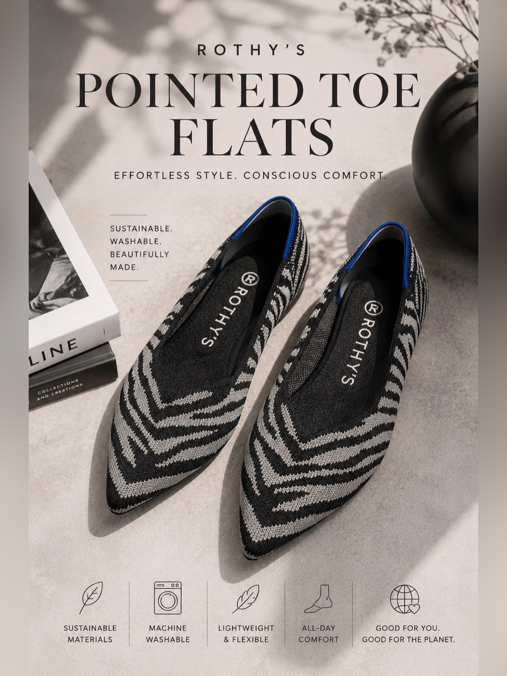 Rothy’s Zebra Pointed Toe Flats Women’s 7